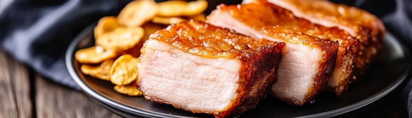 Deep-fried pork belly slices served on a platter with garlic chips