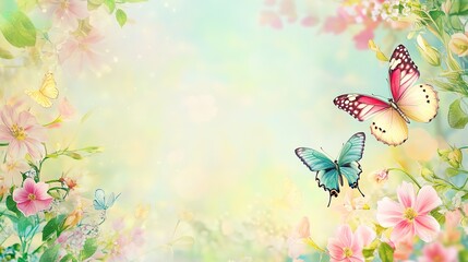 Close-Up Butterfly on Flower with Blurred Floral Background and Copy Space: Blooming Spring Meadow with Wildflowers and Colorful Butterfly for Nature Wildlife Banner, Poster, and Postcard Design