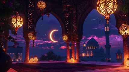 Fototapeta premium Night Scene in Arabian Nights: Enchanting Mosque under Crescent Moon
