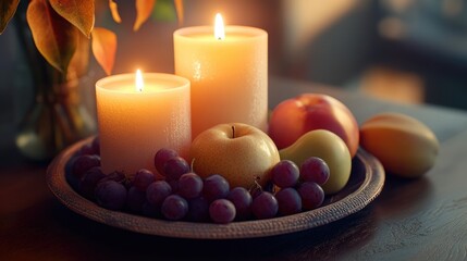 Obraz premium A cozy arrangement of flickering candles and fresh fruits on a decorative plate, creating a warm and inviting ambiance perfect for relaxation.