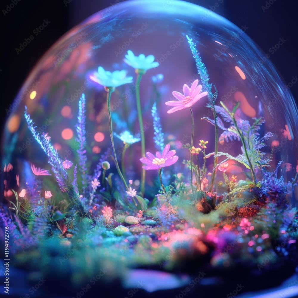 Aufkleber exploring a magical microscopic ecosystem filled with colorful microbes and vibrant plant life. gene