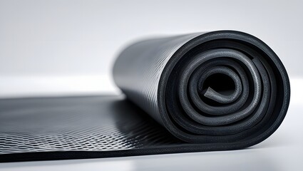 Rolled Black Rubber Padding with Textured Surface on White Background 