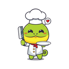 chef chameleon mascot cartoon character with knife and plate.