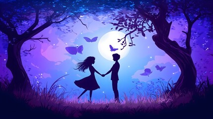 Silhouette of Couple Dancing Under Moonlit Sky