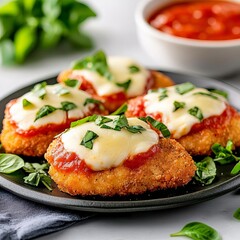 Deep-fried pork cutlets topped with melted cheese and marinara sauce