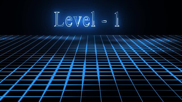 Level -1 text font with neon light with laser grid landscape. Luminous and shimmering haze inside the blue letters of the text Level-1.