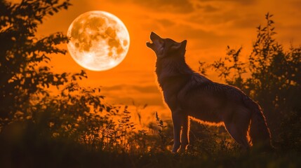 Lone Wolf Howling at Full Moon