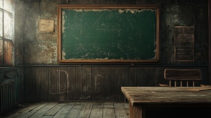 A decaying classroom with a faded green chalkboard and dusty wooden table, holding silent stories of past lessons and forgotten education.