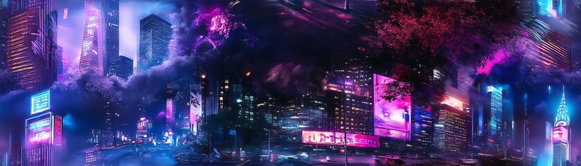Obraz premium Futuristic cyberpunk city at night. Neon lights illuminate towering skyscrapers and crowded streets. Vibrant colors and atmospheric details create a captivating scene.