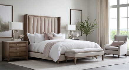 Obraz premium Contemporary Bedroom with Neutral Palette, Comfortable Seating, and Sophisticated Accessories, Creating a Tranquil and Relaxing Space