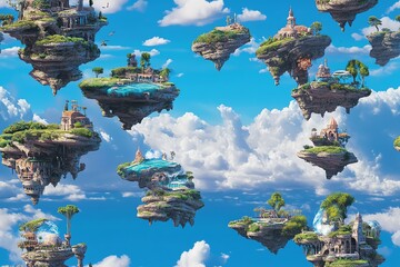 Fantasy illustration of multiple floating islands in a vibrant blue sky, showcasing diverse architecture and lush landscapes