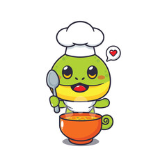 chef chameleon mascot cartoon character with soup.
