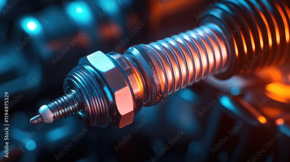 Aufkleber a detailed close-up of a spark plug, with metallic textures and vibrant lighting, emphasizing its im
