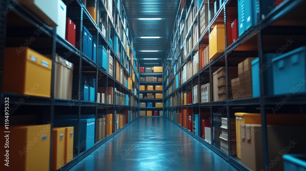 Poster organized storage area with colorful boxes and files for effective document management and database 