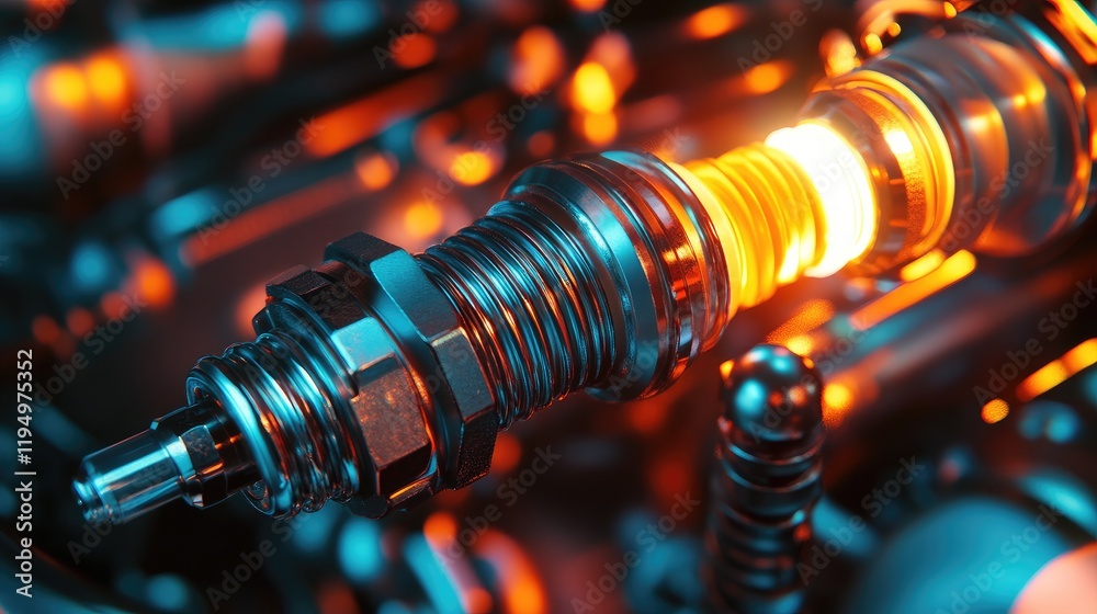 Poster A detailed close-up of a spark plug, with metallic textures and vibrant lighting, emphasizing its importance in engine performance and engineering.
