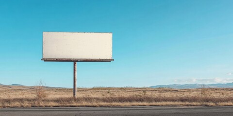 Empty billboard against clear blue sky and dry grassland landscape, featuring a readable blank space for custom messages and advertisements.