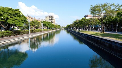 Fototapeta premium City Canal with Tree-lined Walkways
