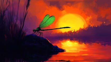 Dragonfly perched on a rock at sunset by a lake.