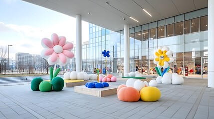 Modern Outdoor Space with Colorful Flower Sculptures and Seating