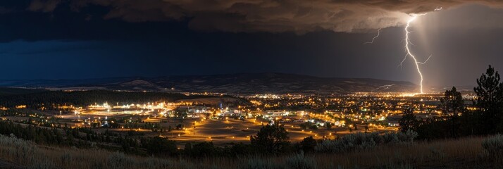 Naklejka premium Lightning Strike over City at Night, Dramatic Storm Clouds, Dark Skies, Urban Landscape