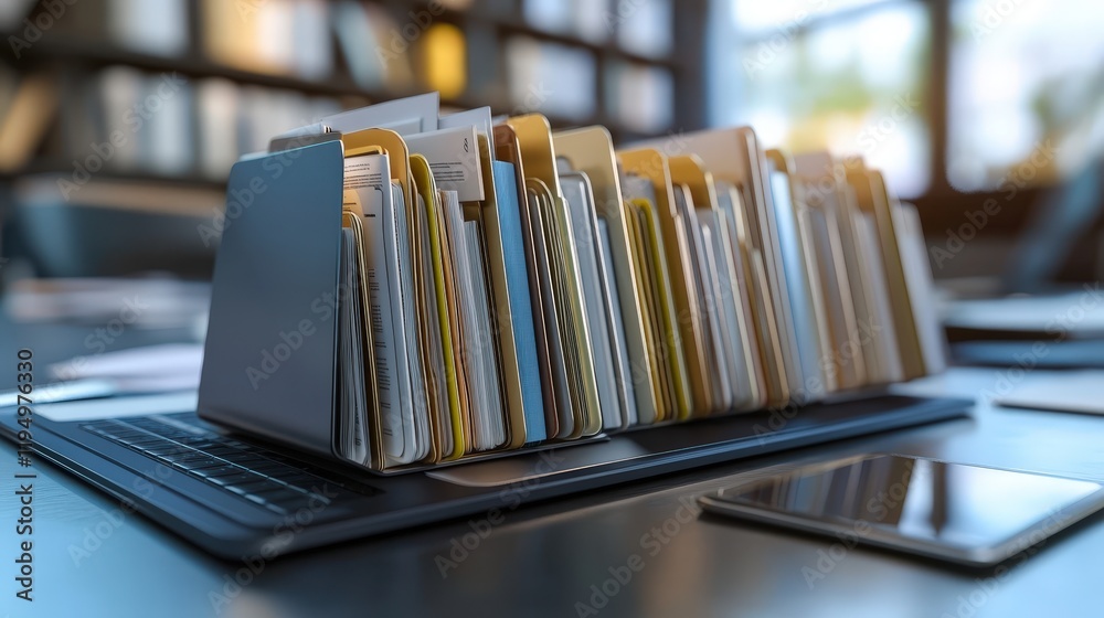 Poster organized file folders on laptop, document management system for online database and efficient docum