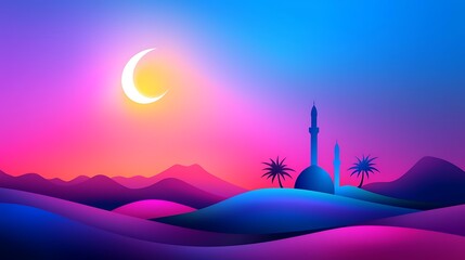 Vibrant Desert Landscape with Crescent Moon and Mosque Silhouette