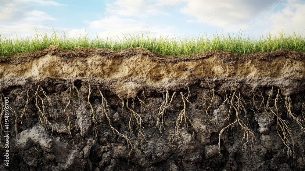 Poster a detailed render showing the cross-section of grass roots in a trapezoidal shape, showcasing soil t