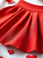 Elegant red skirt draped on fabric with scattered heart shapes