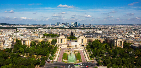 Wide panoramic view from Eiffel tower on Gardens of the Trocadero, Fountain of Warsaw and Palais de Chaillot in Paris, France.