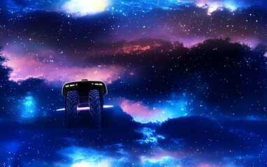 A futuristic vehicle floats amidst a vibrant, cosmic nebula.  Sci-fi fantasy art, perfect for backgrounds or concept art.