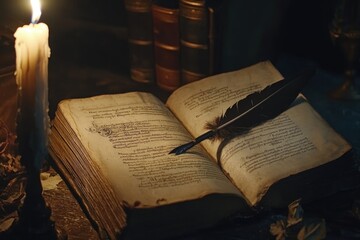 Open book illuminated by candlelight, quill resting on pages, ev