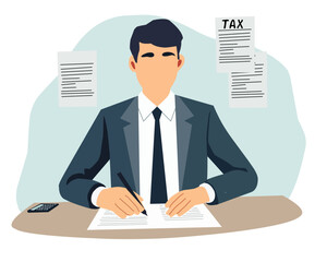 Flat illustration of a professional businessman sitting at a desk, signing documents. Tax forms and a calculator on the desk represent financial management and accounting work
