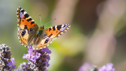 Close-Up Butterfly on Flower with Blurred Floral Background and Copy Space: Blooming Spring Meadow with Wildflowers and Colorful Butterfly for Nature Wildlife Banner, Poster, and Postcard Design