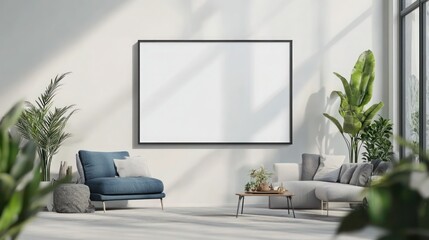 Bright living room with a large canvas frame mockup on a feature wall surrounded by minimal decor