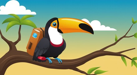 Adventurous Toucan with Backpack - Tropical Jungle Illustration. adventure-themed content, children's books, and travel-related promotions.