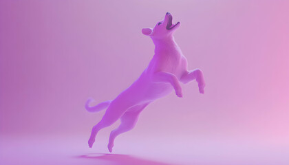 Playful white dog leaps joyfully against a vibrant purple backdrop.  Perfect for pet-related projects, websites, or advertising.