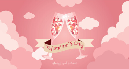 Cute horizontal background with pink clouds and toasting glasses of glitter glowing champagne. Lovely  Valentine's day greeting and invitation card. Love and Valentine's day concept.