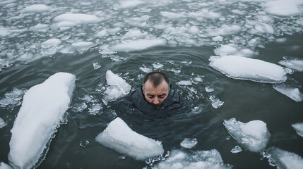 A man has fallen through the ice on the lake, only his head is visible, pieces of ice are floating around him.