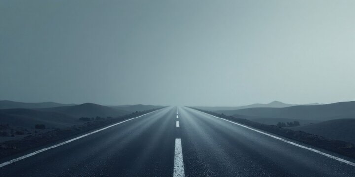 Asphalt ribbon unwinding into a hazy, tranquil landscape, promising adventure and the open road ahead