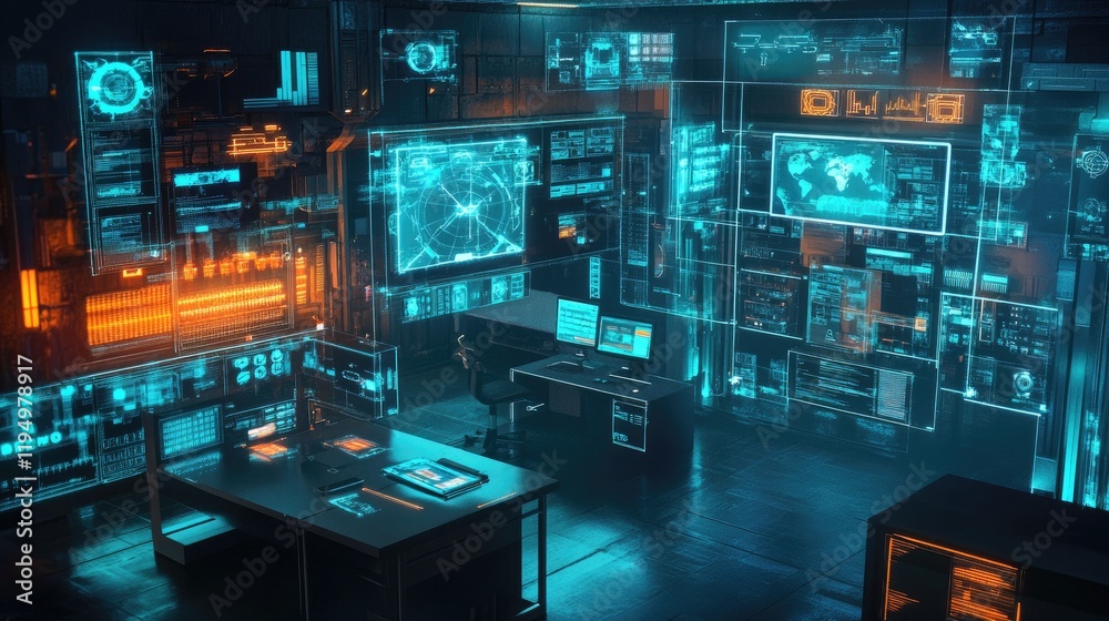 Poster A digital representation of cybersecurity with IoT devices, private server databases, and protection from hackers, ensuring secure data transmission.