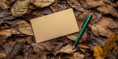 Invitation card on dried leaves with a green pen positioned on right, earthy tones of brown and gold, blank space for text prominently featured.