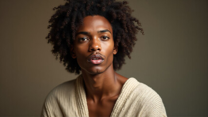 Dramatic portrait of a person with natural hair against a neutral background in a simple, light-colored garment