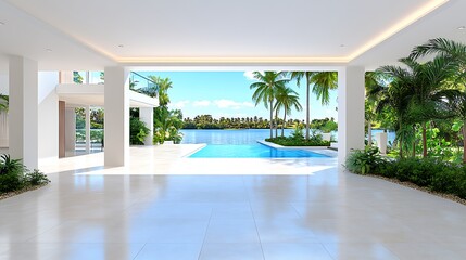 Naklejka premium Luxury Waterfront Villa Infinity Pool Tropical Landscape