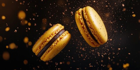 Fototapeta premium Two vibrant yellow French macaroons floating mid-air amid a flurry of chocolate dust against a dark backdrop ideal for food promotions