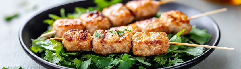 Fried pork skewers served on a bed of fresh greens and herbs