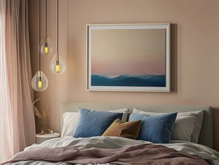Chic bedroom with a canvas frame mockup on a soft-colored wall with contemporary decor
