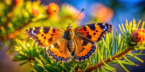 Obraz premium California Tortoiseshell Butterfly on Ponderosa Pine - Stock Photo