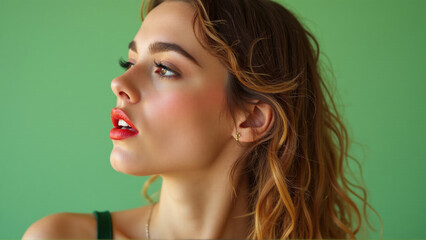 Fototapeta premium Confident woman with wavy hair poses against a vibrant green backdrop highlighting her makeup and profile features