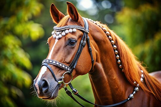 Chestnut Budyonny Gelding Dressage Horse Portrait, Black Leather Bridle, Handmade Browband