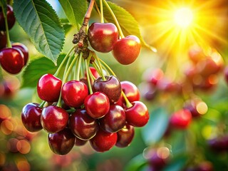 Obraz premium Close-up of Ripe Dark Red Cherries Hanging on Branch, Blurred Background - Stock Photo